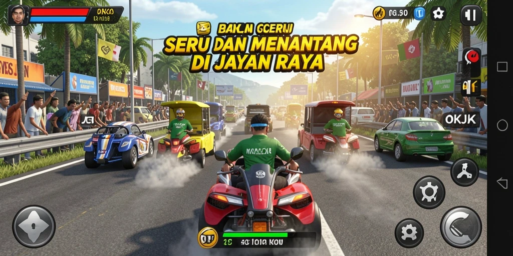 Tampilan gameplay OKJK yang menegangkan saat balapan.